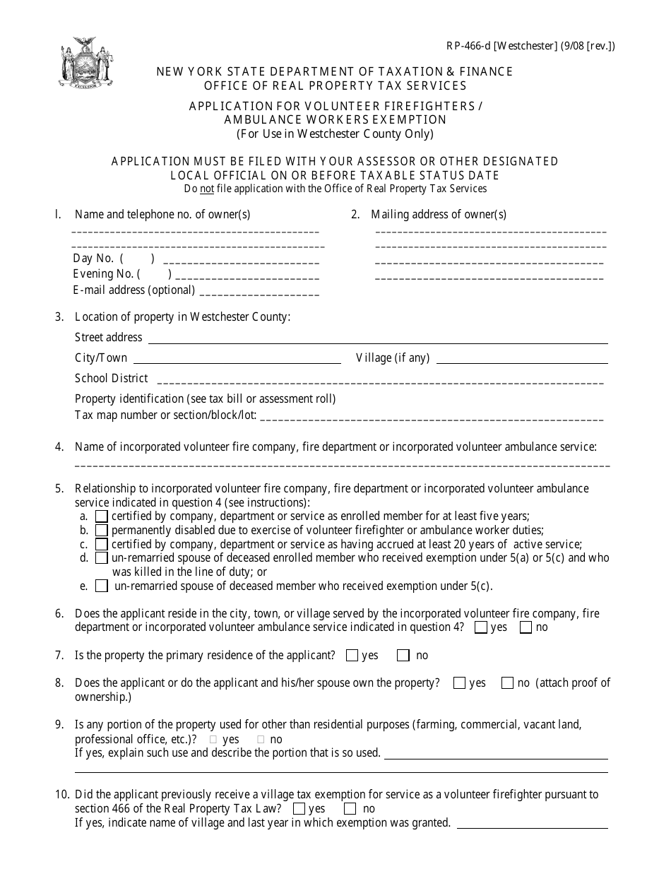 Form RP-466-D [WESTCHESTER] Application Form for Volunteer Firefighters / Ambulance Workers Exemption (For Use in Westchester County Only) - New York, Page 1