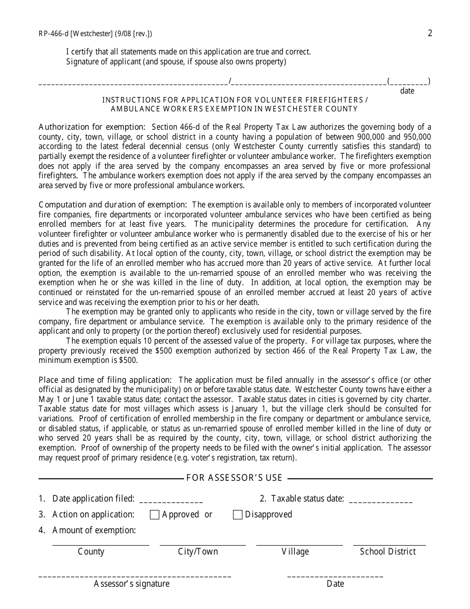 Form RP-466-D [WESTCHESTER] Application Form for Volunteer Firefighters / Ambulance Workers Exemption (For Use in Westchester County Only) - New York, Page 2