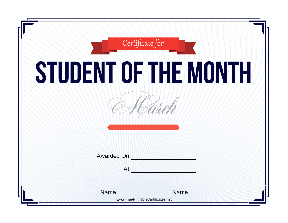 Student of the Month Certificate Template - March - Preview