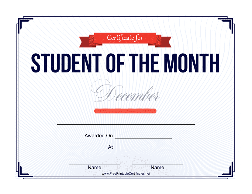 &quot;Student of the Month Certificate Template - December&quot; Download Pdf