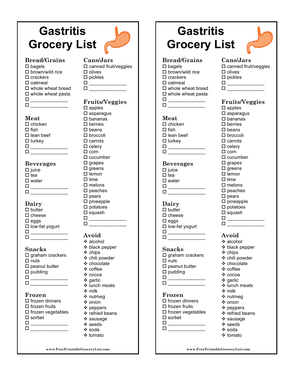 Gastritis grocery listing template - An organized checklist for people with gastric inflammation to plan their shopping trips with ease and prioritize the right foods to alleviate their symptoms and promote digestive wellness.