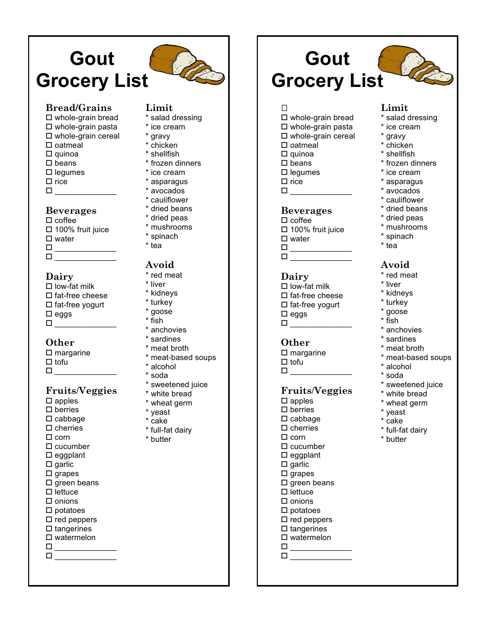 &quot;Gout Grocery List Template&quot; Download Pdf