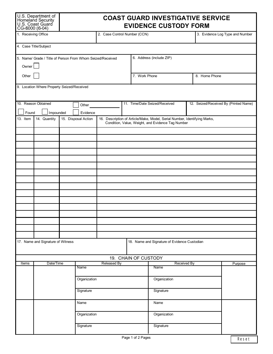 Form CG-6000 Coast Guard Investigative Service Evidence Custody Form, Page 1