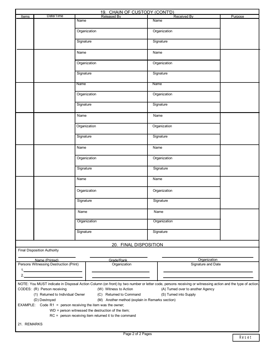 Form CG-6000 Coast Guard Investigative Service Evidence Custody Form, Page 2