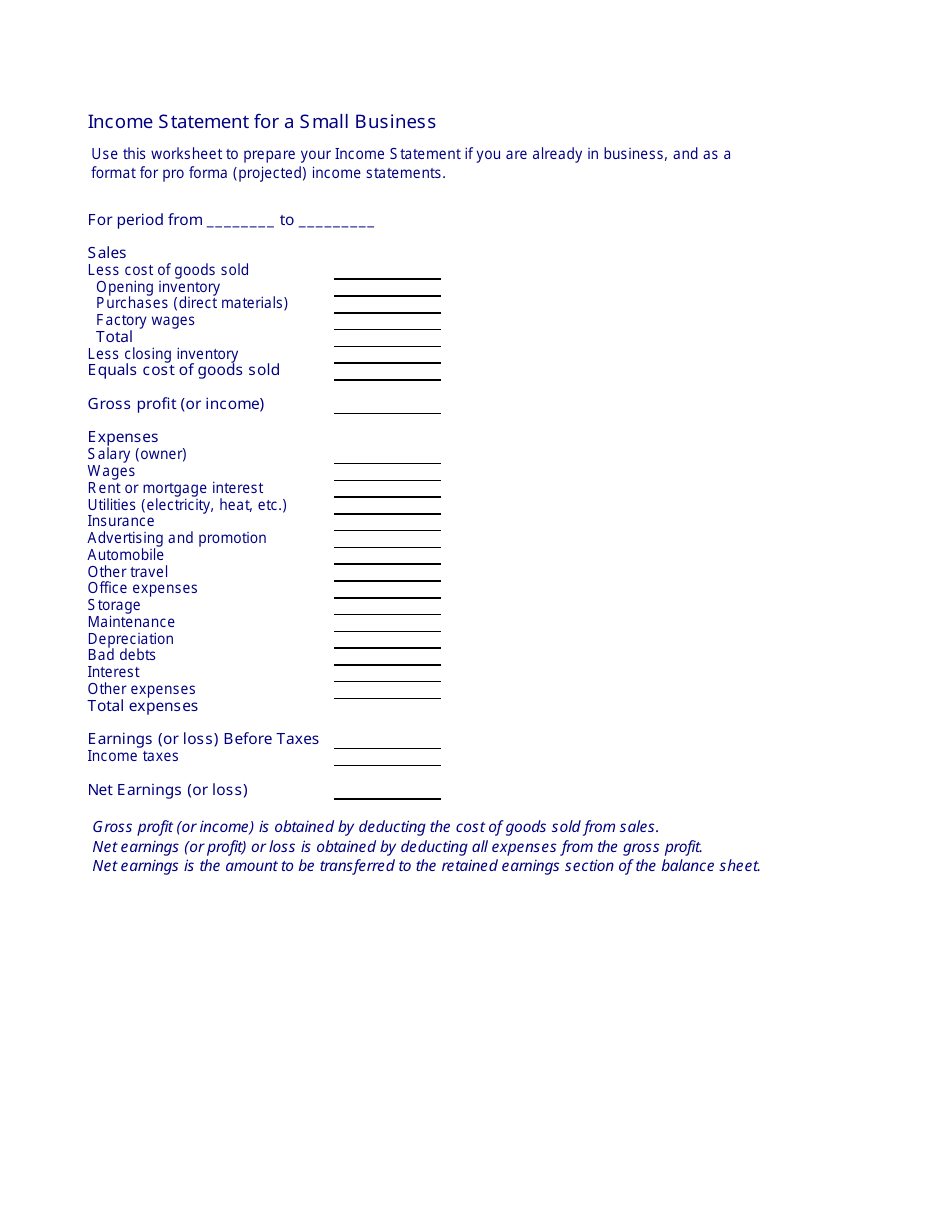 Small Business Income Statement Template, Page 1