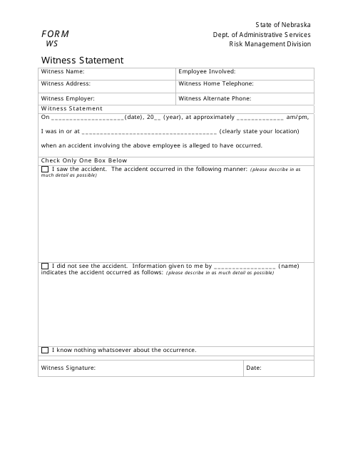 Form WS Witness Statement Form - Nebraska