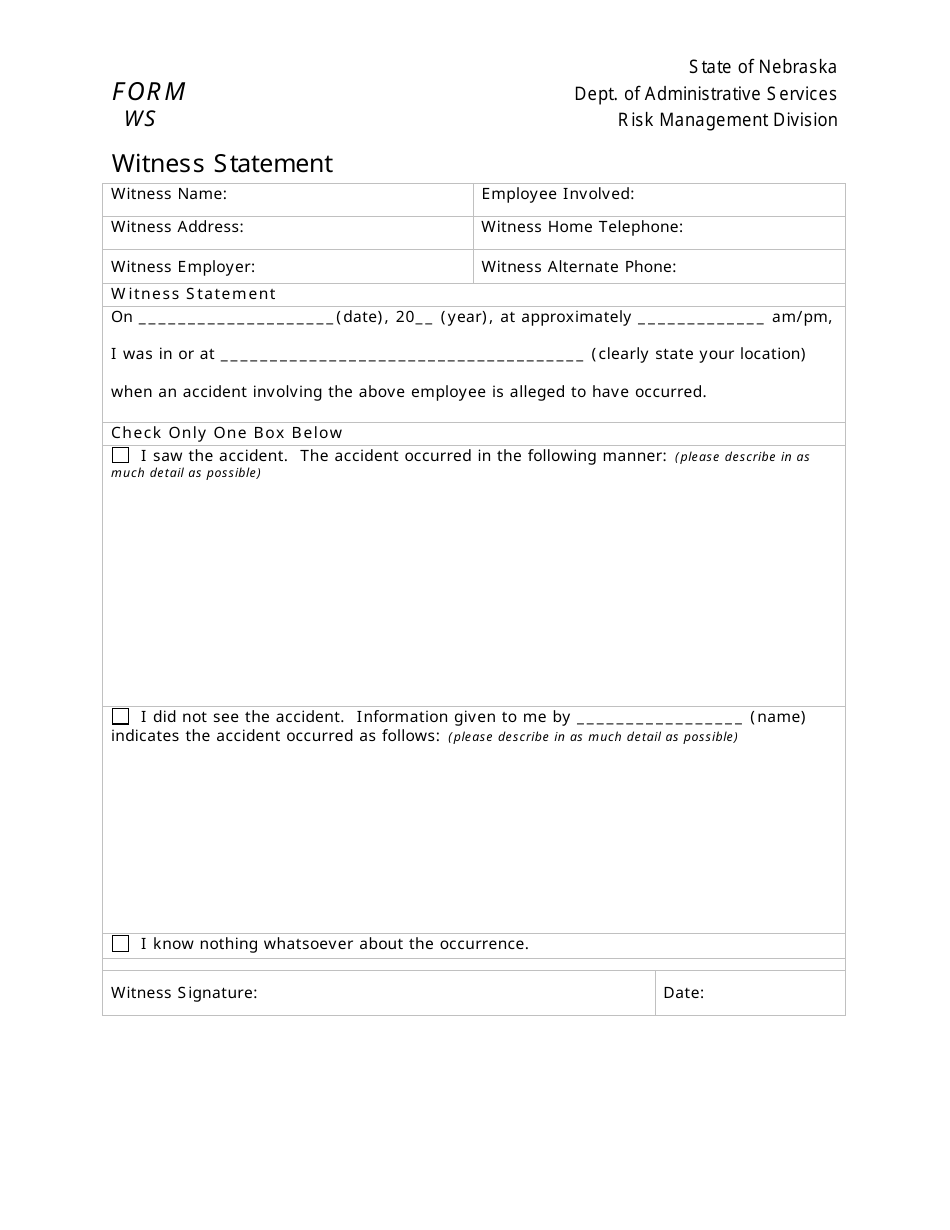 Form WS Witness Statement Form - Nebraska, Page 1