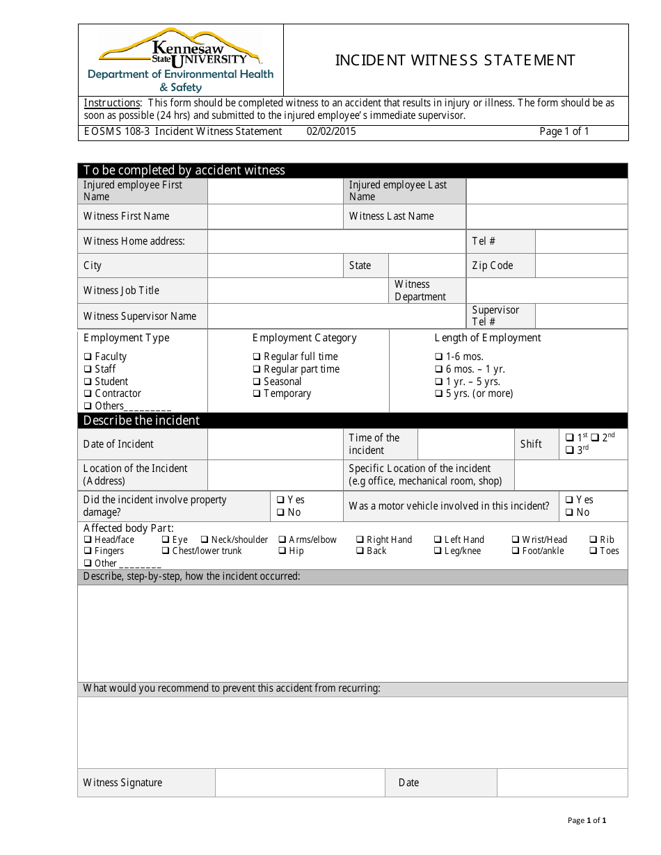 Incident Witness Statement Form - Kennesaw State University - Fill Out ...