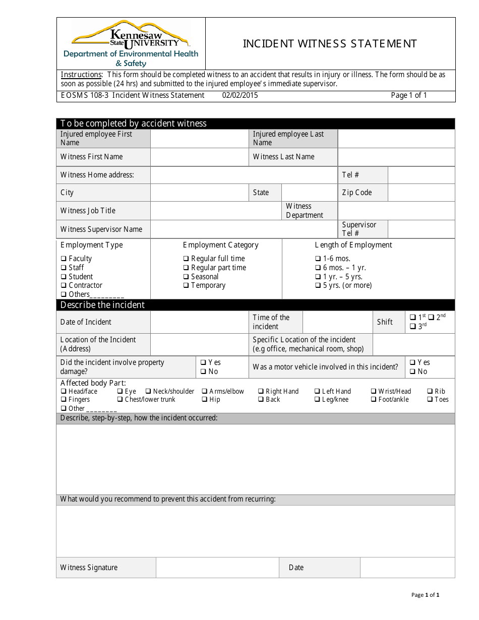 Incident Witness Statement Form - Kennesaw State University, Page 1