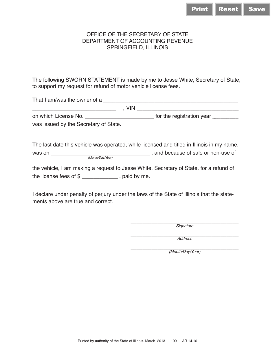 Form AR14 Sworn Statement - Illinois, Page 1