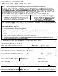 Document preview: Application for Certified Copy of Birth Record - County of San Bernardino, California
