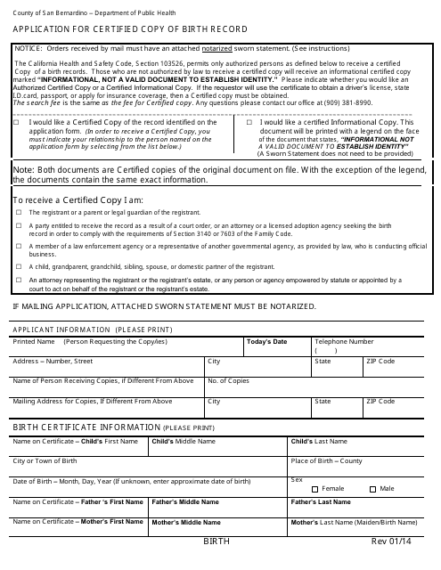 "Application for Certified Copy of Birth Record" - County of San Bernardino, California Download Pdf