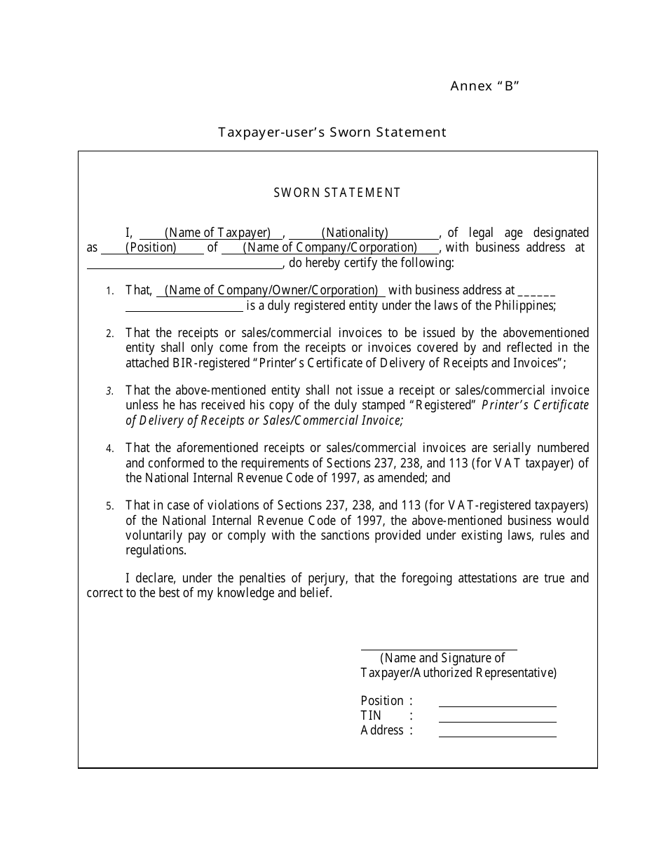 Taxpayer-User's Sworn Statement Template - Sample Preview