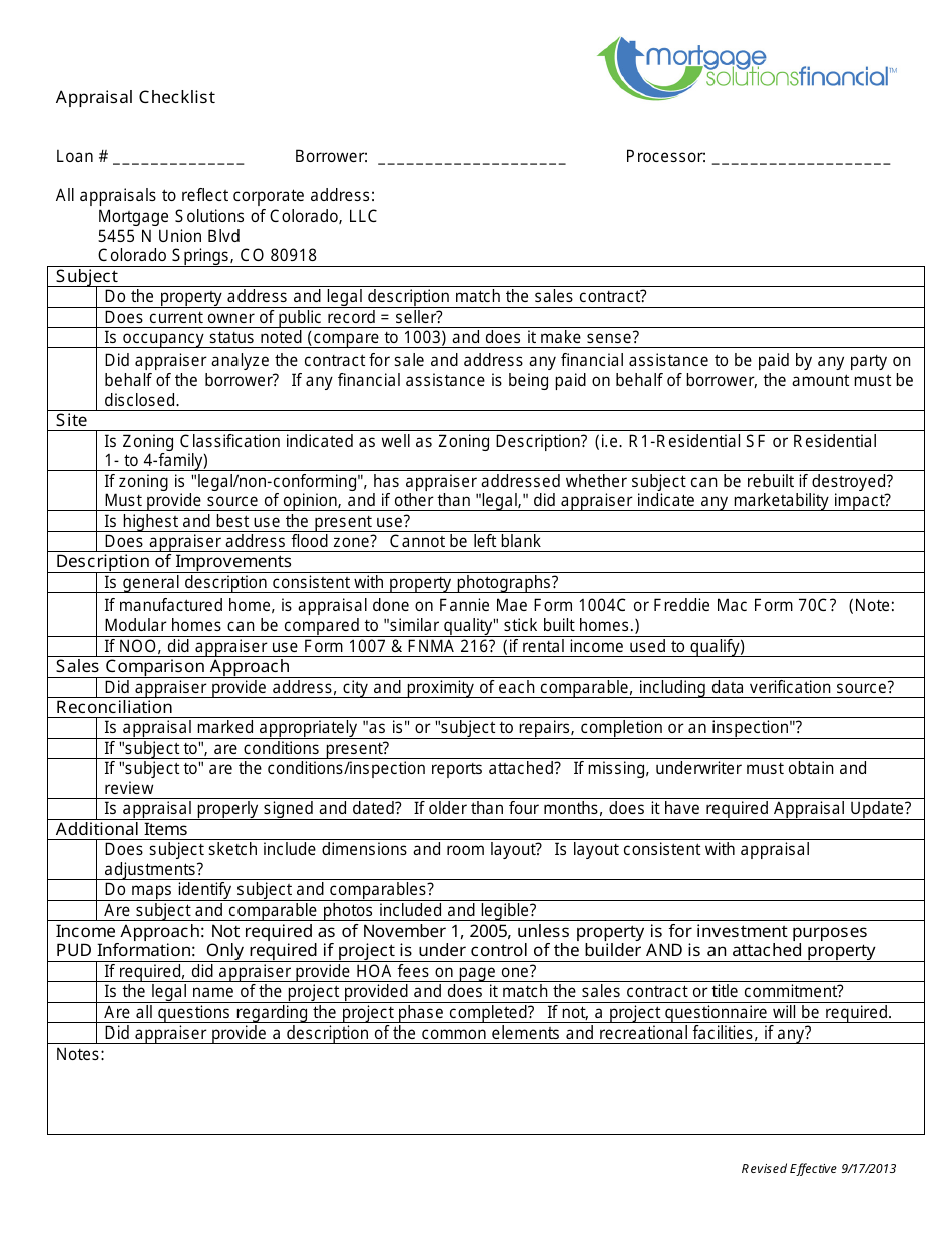 Appraisal Checklist Template - Mortgage Solutions Financial - Colorado Springs, Colorado, Page 1