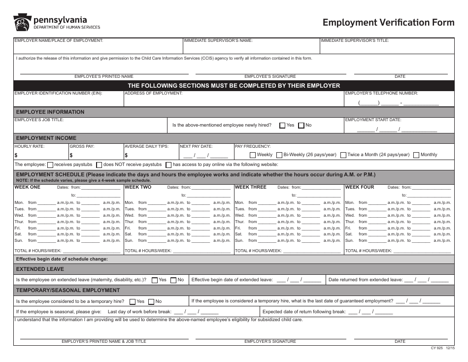 Form CY925 Employment Verification Form - Pennsylvania, Page 1