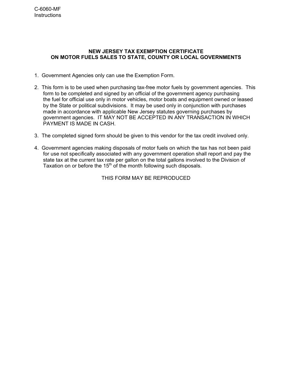 Form C-6060-MF New Jersey Tax Exemption Certificate on Motor Fuel Sales to State, County or Local Governments - New Jersey, Page 2