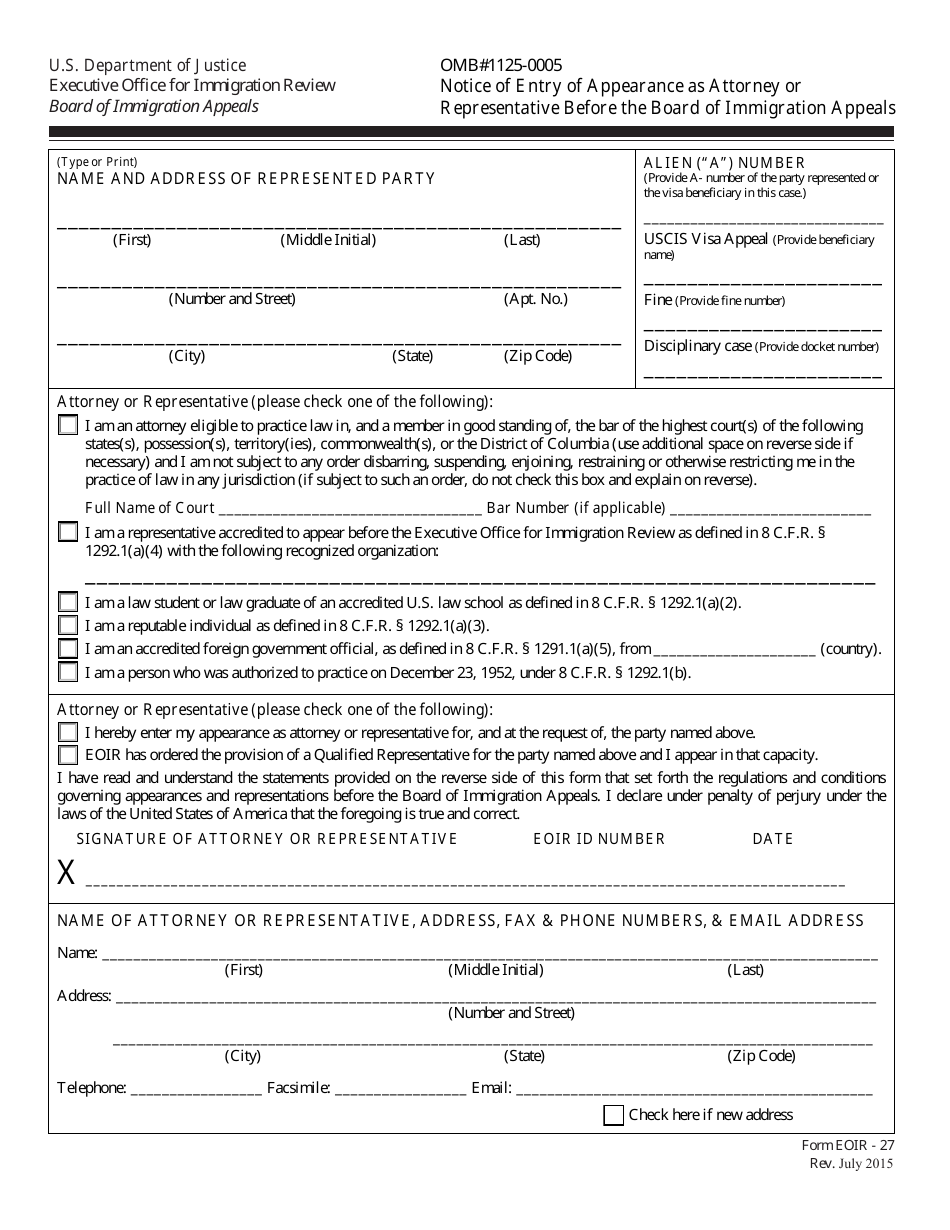 Form EOIR-27 Notice of Entry of Appearance as Attorney or Representative Before the Board of Immigration Appeals, Page 1