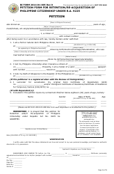 Document preview: BI Form 2014-01-005 Petition Form for Retention/Re-acquisition of Philippine Citizenship Under R.a. 9225 - Philippines