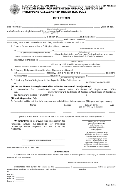 BI Form 2014-01-005 Petition Form for Retention/Re-acquisition of Philippine Citizenship Under R.a. 9225 - Philippines