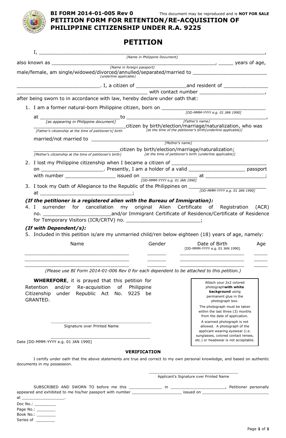 BI Form 2014-01-005 Petition Form for Retention/Re-acquisition of Philippine Citizenship Under R.a. 9225 - Philippines, Page 1