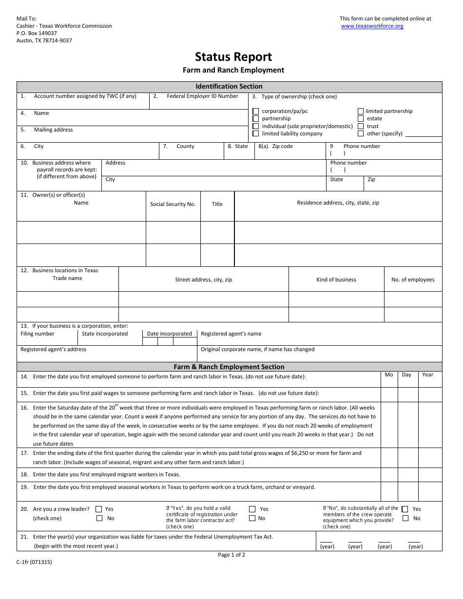 Form C-1FR Farm  Ranch Employment Registration - Status Report - Texas, Page 1