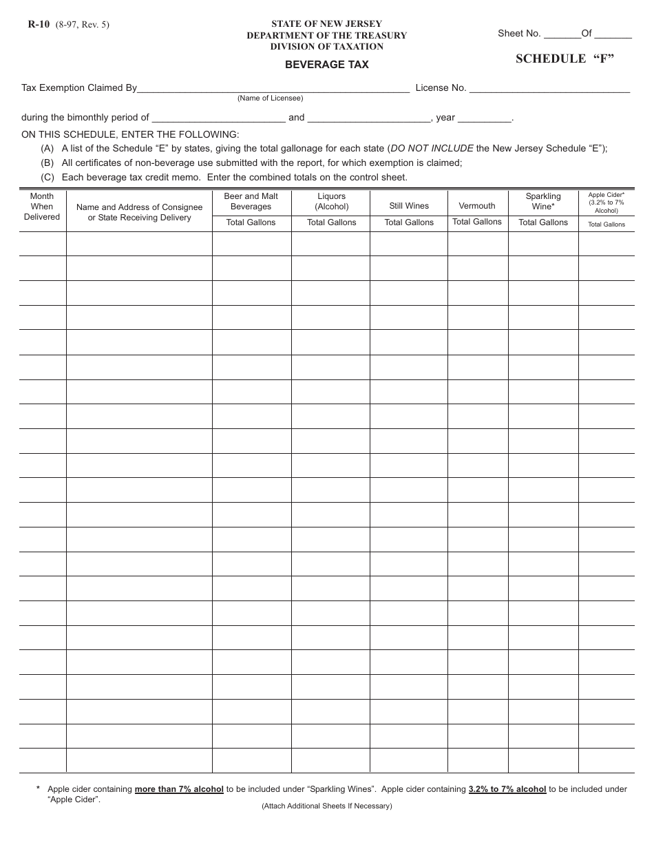 Form R-10 Schedule F Beverage Tax - New Jersey, Page 1