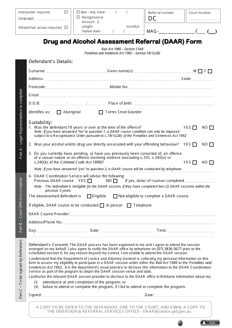 Drug and Alcohol Assessment Referral (Daar) Form - Queensland, Australia