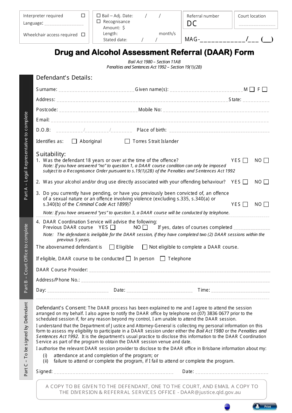 Drug and Alcohol Assessment Referral (Daar) Form - Queensland, Australia, Page 1