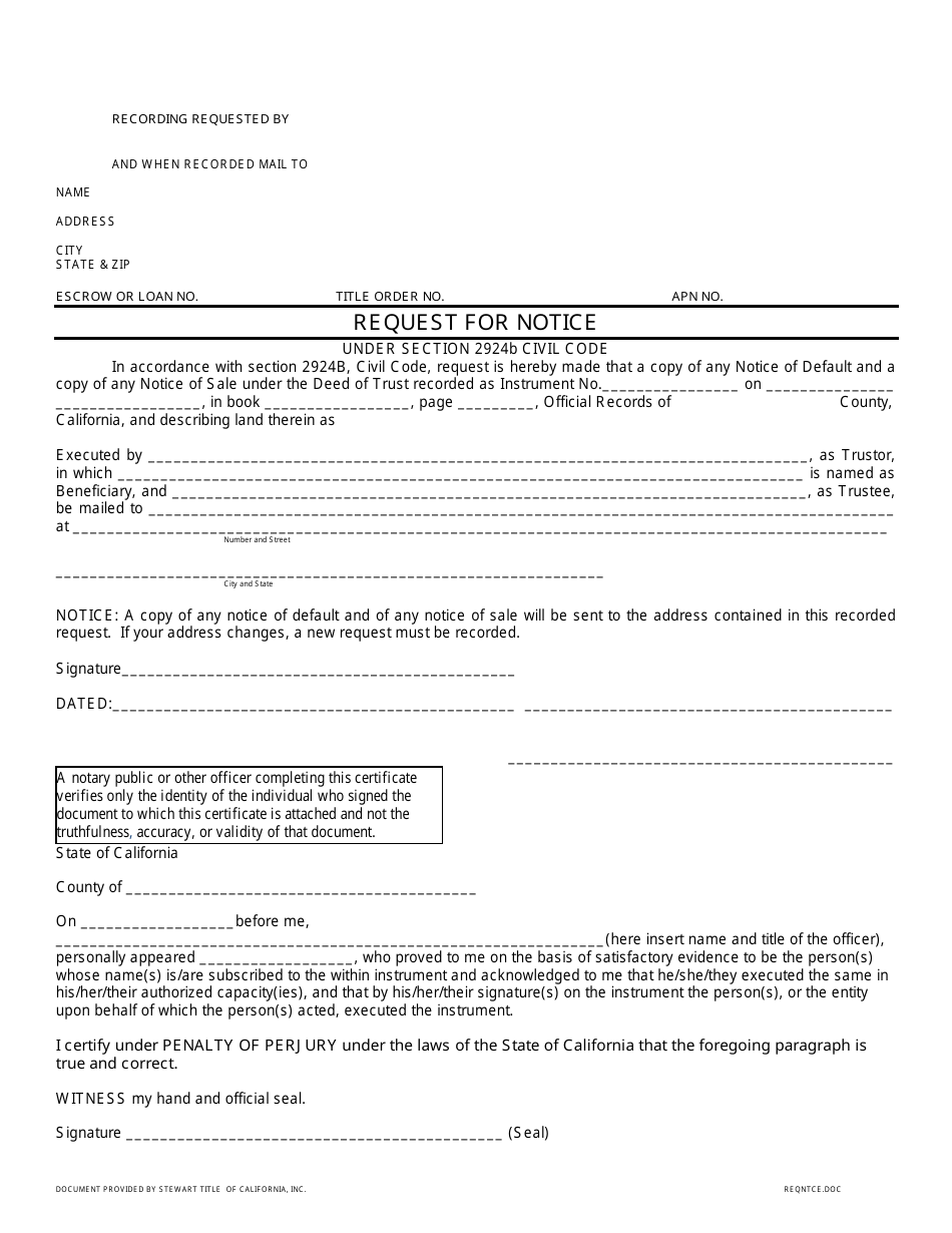 Request for Notice - Stewart Title of California, Inc. - California Document