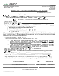Form TA-VN-12 &quot;Request for Abandoned Motor Vehicle Certification&quot; - Vermont