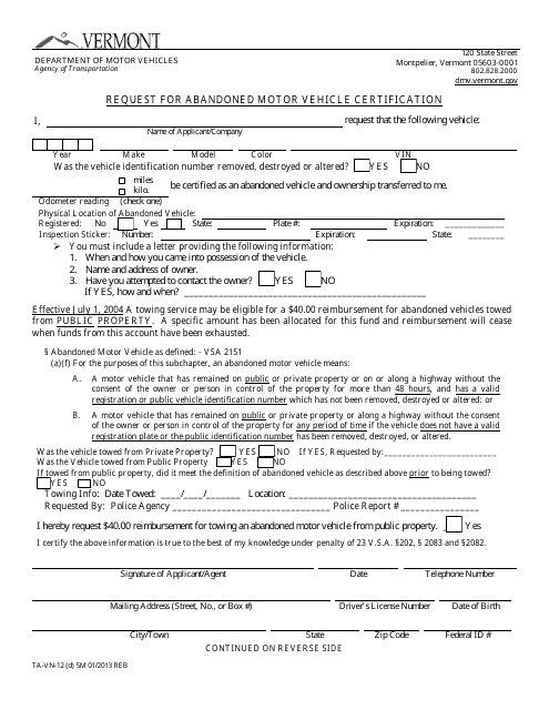 Form TA-VN-12 Request for Abandoned Motor Vehicle Certification - Vermont