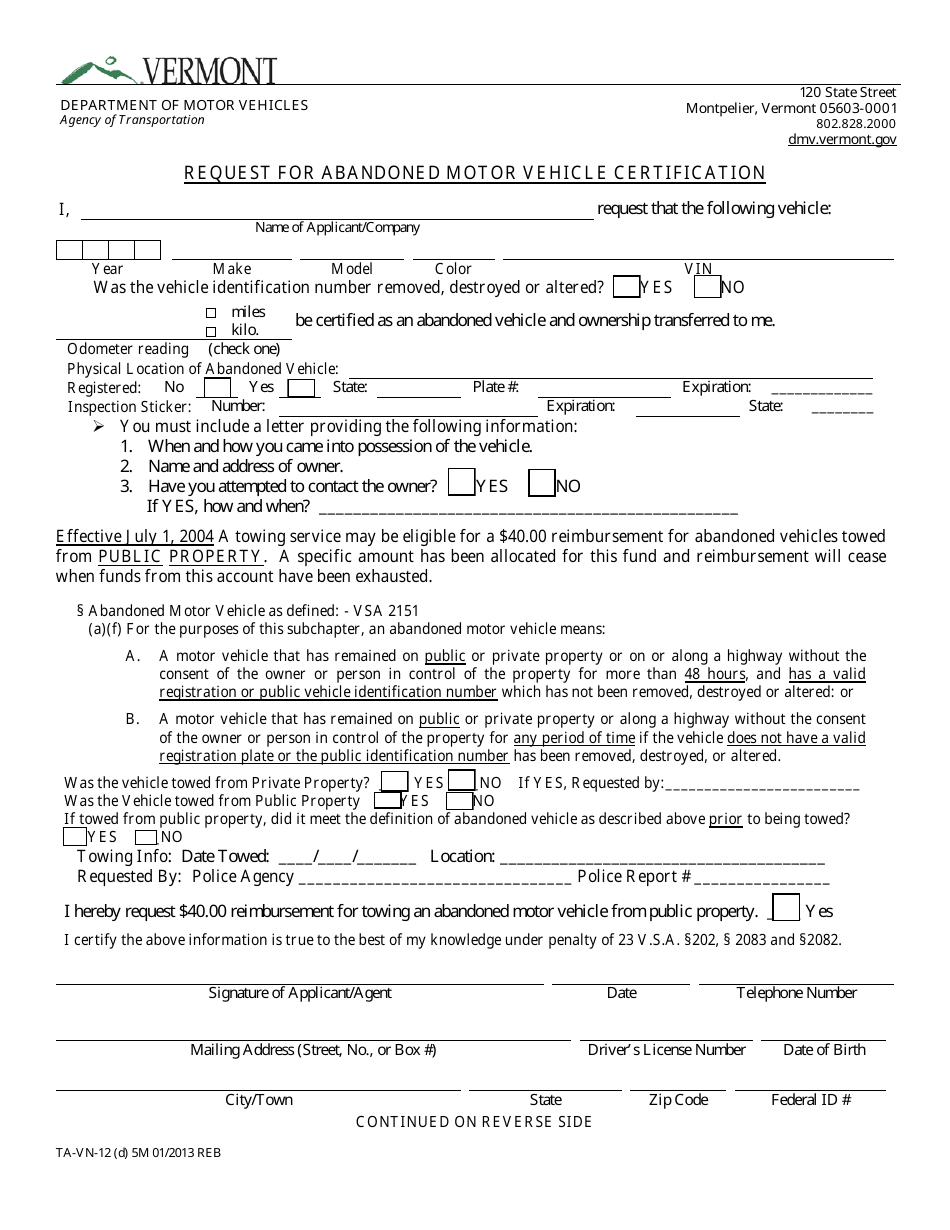 Form TA-VN-12 Request for Abandoned Motor Vehicle Certification - Vermont, Page 1