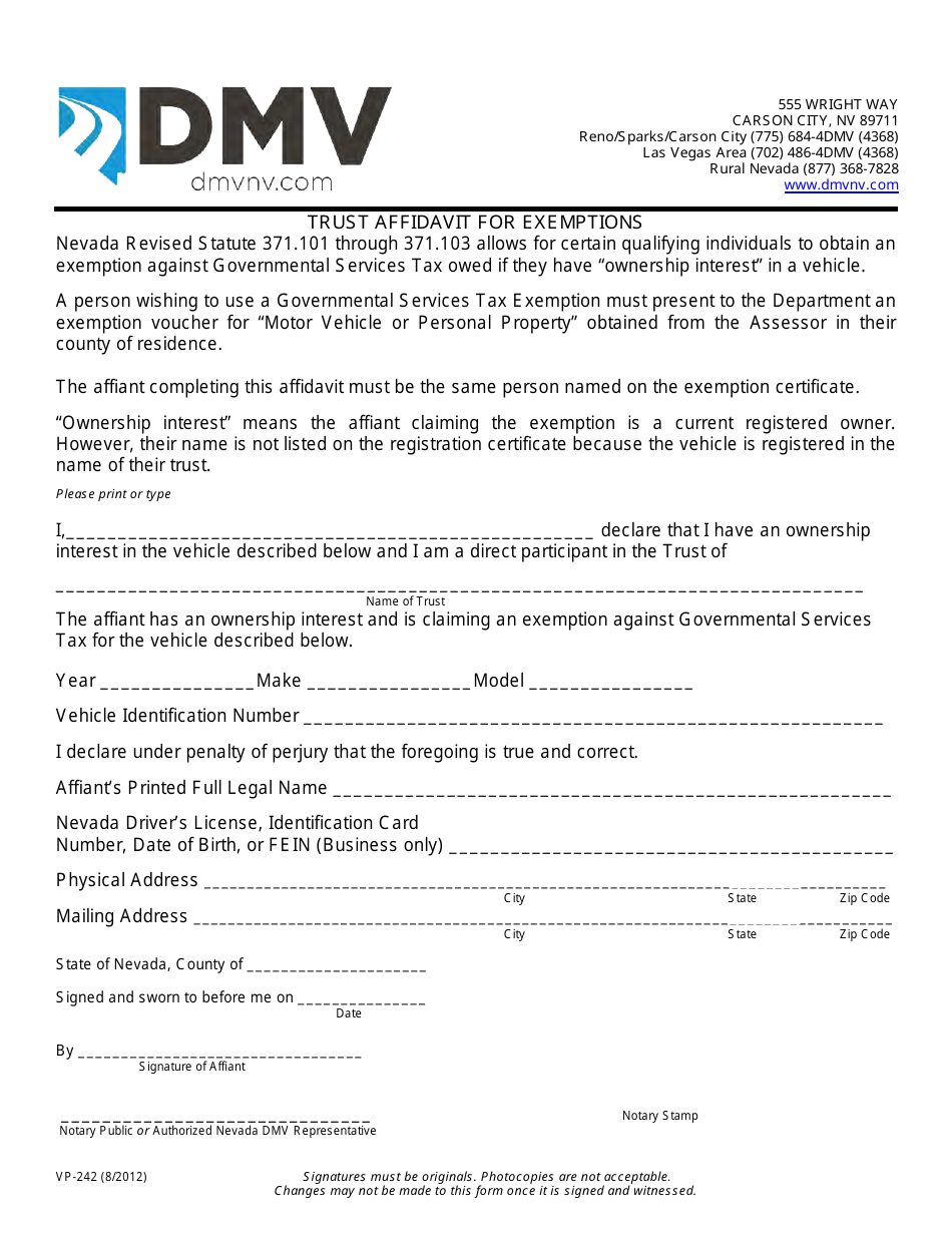 Form Vp 242 Fill Out Sign Online And Download Fillable Pdf Nevada Templateroller 8127