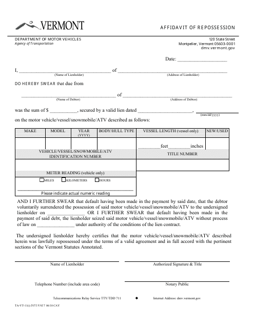 Form TA-VT-11 Affidavit of Repossession - Vermont