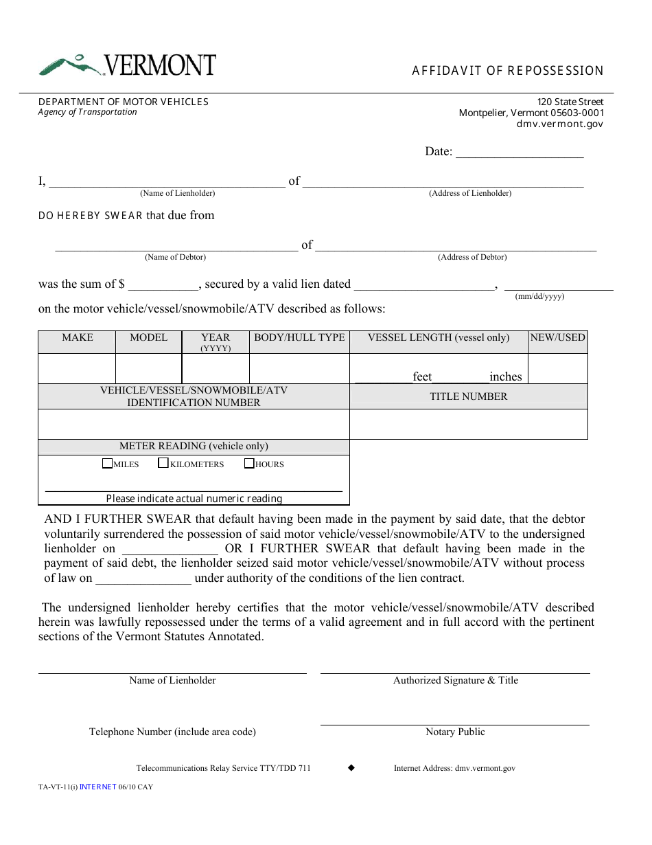 Form TA-VT-11 Affidavit of Repossession - Vermont, Page 1