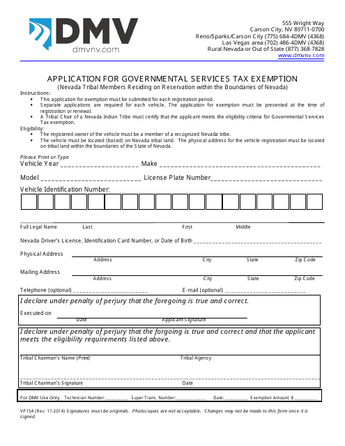Form VP154 Application for Governmental Services Tax Exemption - Nevada