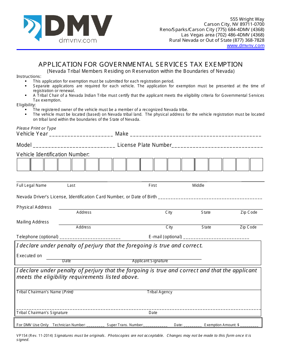 Form VP154 Application for Governmental Services Tax Exemption - Nevada, Page 1