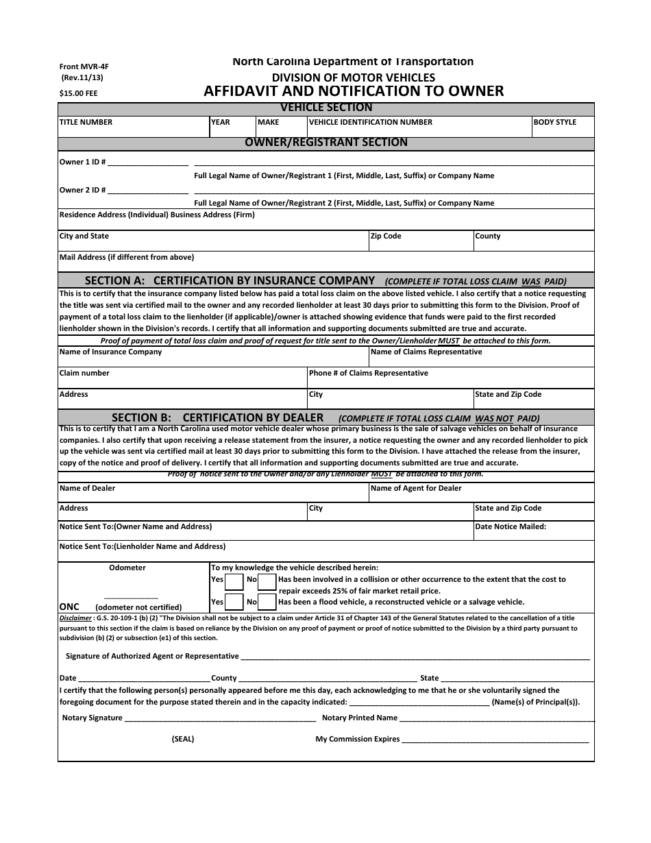 Form MVR-4F Affidavit and Notification to Owner - North Carolina, Page 1