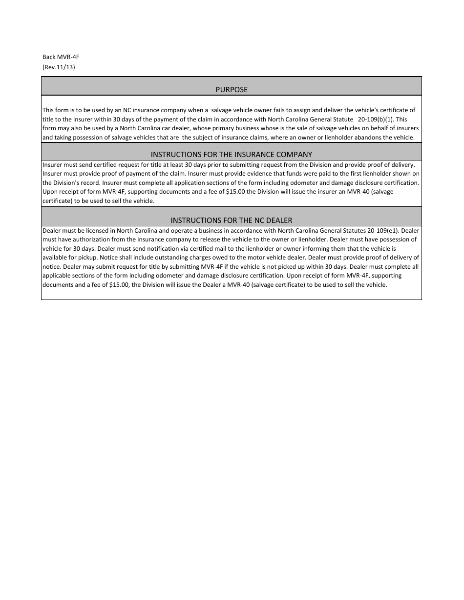 Form MVR-4F Affidavit and Notification to Owner - North Carolina, Page 2