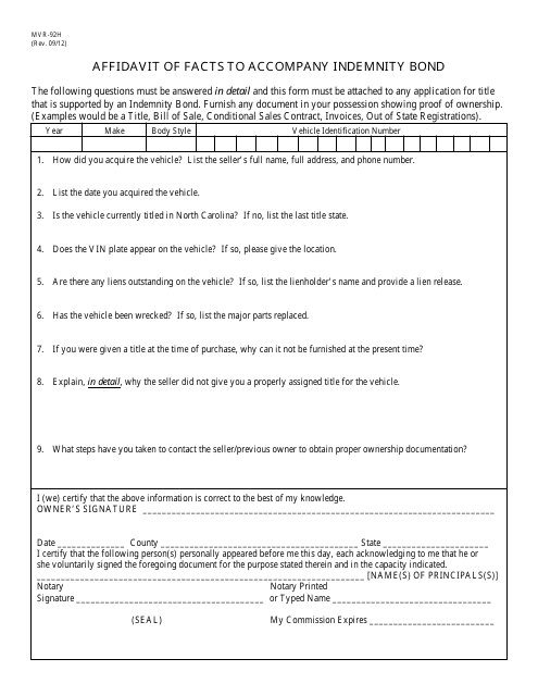 Form MVR-92H Affidavit of Facts to Accompany Indemnity Bond - North Carolina