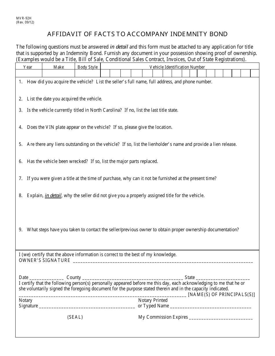 Form MVR-92H Affidavit of Facts to Accompany Indemnity Bond - North Carolina, Page 1