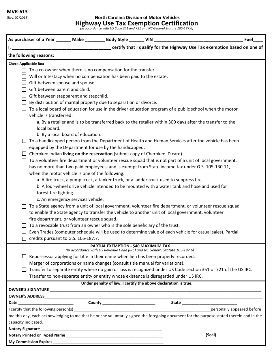 Form MVR-613 Highway Use Tax Exemption Certification - North Carolina, Page 1