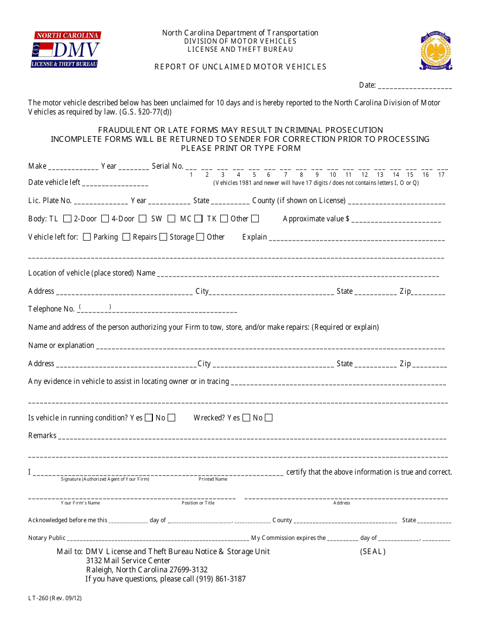 Form LT260 Fill Out, Sign Online and Download Printable PDF, North