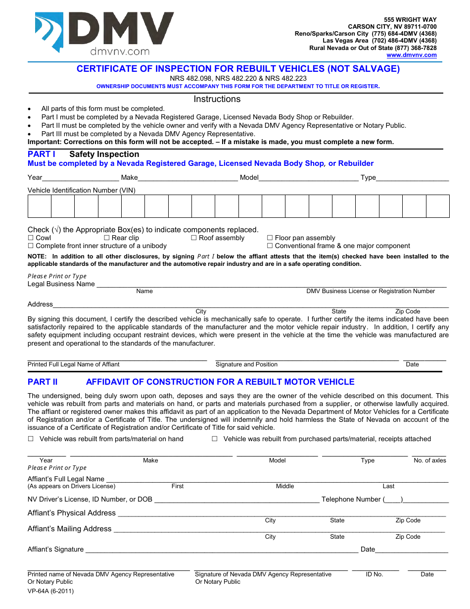 Form VP-64A Certificate of Inspection for Rebuilt Vehicles (Not Salvage) - Nevada, Page 1