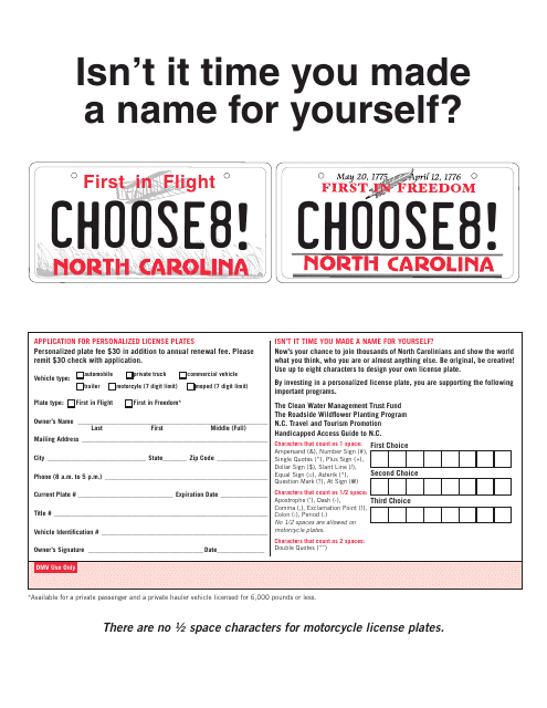 Application for Personalized License Plates - North Carolina