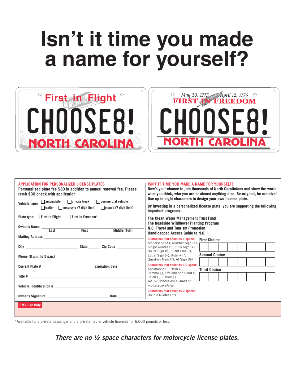 Application for Personalized License Plates - North Carolina, Page 1