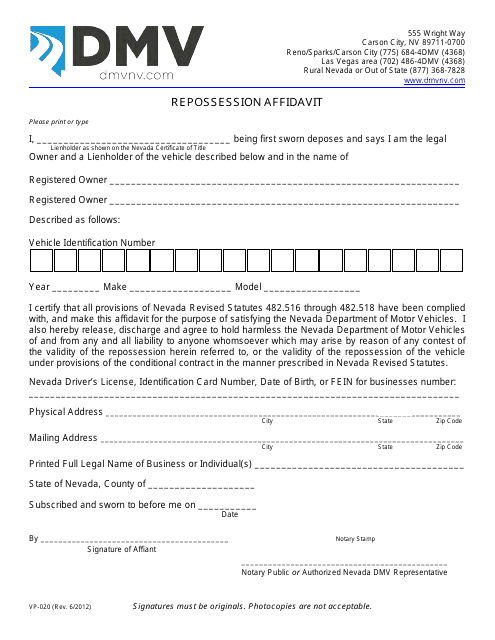 Form VP-020 Repossession Affidavit - Nevada