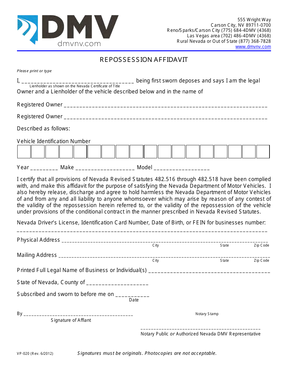 Form VP-020 Repossession Affidavit - Nevada, Page 1