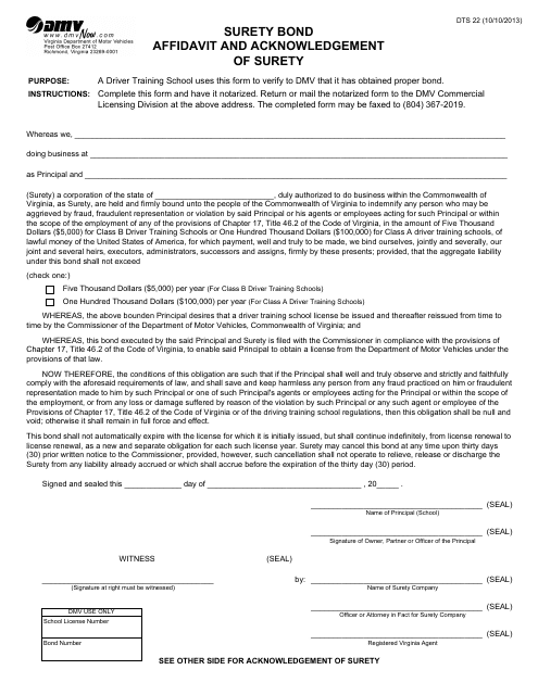 Form DTS22 Surety Bond Affidavit and Acknowledgement of Surety - Virginia
