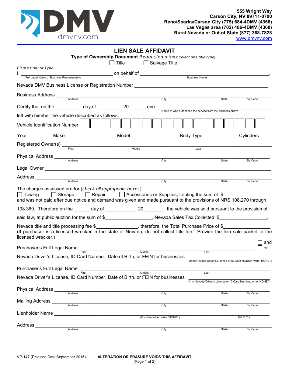 Form VP-147 Lien Sale Affidavit - Nevada, Page 1